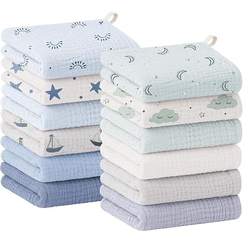 Bearmoss 12 Pack Baby Muslin Washcloths, 100% Cotton Soft Face Towels, 10"x10" Absorbent Bath Wash Cloths and Burp Cloths for Newborn Infants Kids Girls & Boys (Blue)