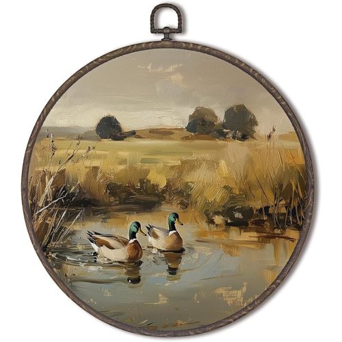 XNXLDYLH Vintage Mallard Duck Nursery Round Framed Wall Art Decor, Rustic Cottagecore Duck Hunting Hanging Wall Bathroom Decor Decorations, Farmhouse Canvas Prints Wall Art Pictures Paintings, 10x10In