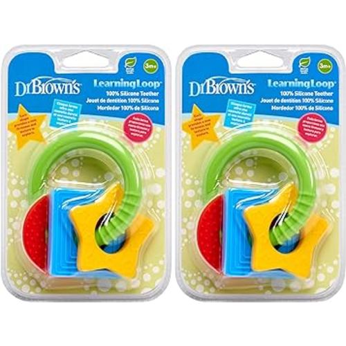 Dr. Brown's Learning Loop, Baby Teether Ring with Multiple Shapes & Textures, Soft 100% Silicone, BPA Free, 3m+ (Pack of 2)