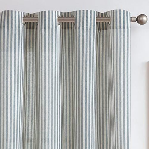 jinchan Linen Curtains for Living Room Blue on Beige Striped Curtains for Bedroom Ticking Stripe Pattern Light Filtering Pinstripe Rustic Window Treatment 2 Panels 84 inches Long