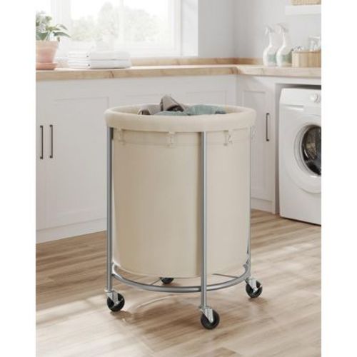 Laundry Basket with Wheels, Rolling Laundry Hamper, 45 Gal., Round Laundry Cart, Cream and Silver