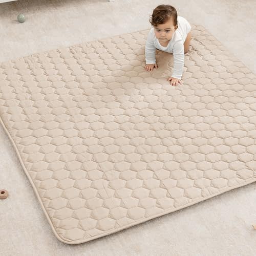 Comfy Cubs Square Kids Play Mat - 56 x 56 inches Soft Quilted Baby Floor Mat with Non-Slip Bottom - Plush Design for Toddlers' Playtime - Comfortable and Durable - Sand