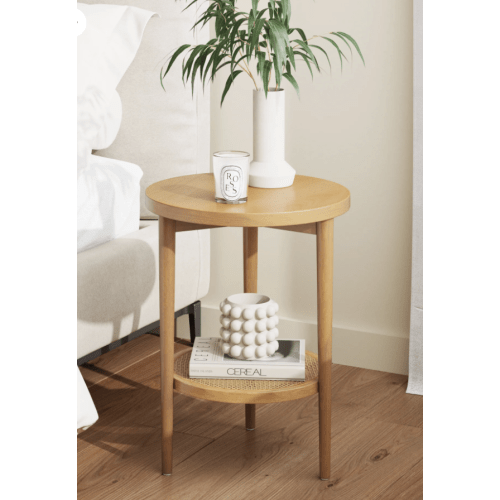 Wood & Rattan Round End Table Warm Pine