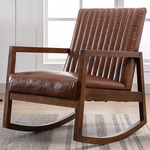 VESCASA Upholstered Rocking Chair with Channel-Tufted Back, Mid-Century Modern Comfy Oil Wax PU Leather Rocker with Black Walnut Wood Frame for Nursery Living Room Bedroom Indoor, Brown