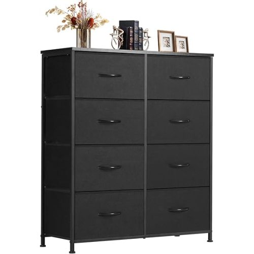 Sweetcrispy Dresser, Dresser for Bedroom Drawer Organizer Storage Drawers, Fabric Storage Tower with 8 Drawers, Chest of Drawers with Steel Frame, Wood Top for Living Room, Closet,Black