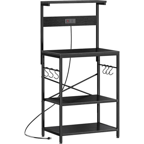 SUPERJARE Kitchen Bakers Rack with Power Outlet, Coffee Bar Table 4 Tiers, Kitchen Microwave Stand with 6 S-shaped Hooks, Storage Shelf Rack for Spices, Pots and Pans - Black