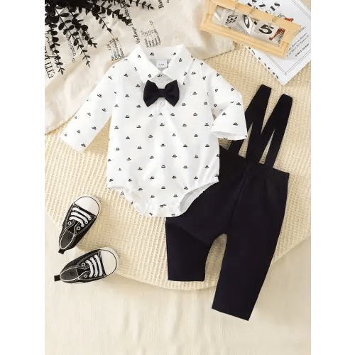 two piece boys casual fashion small boat print bow tie top - Temu