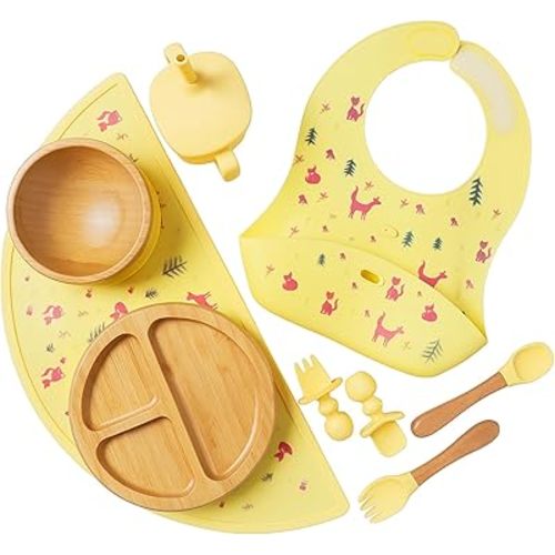 Bamboo & Silicone Baby Feeding Set 8 PCS | Baby Led Weaning Supplies Self Feeding | Divided Suction Plate Bowl Bib Sippy Cup with Straw Utensils Baby Bowls and Spoons Toddler Feeding Set (Yellow)