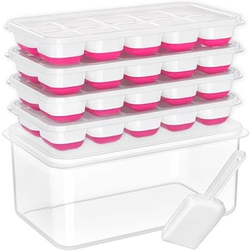 DOQAUS Ice Cube Tray with Lid and Bin, 4 Pack Silicone Plastic Ice Cubes Trays for Freezer with Box/Container, Stackable with Storage Iced Bucket Kits, Scoop, for RV, Soup, Food, Cocktail, Coffee