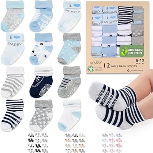 Organic Cotton GOTS Certified Baby Socks Newborn Socks 12 Pairs - (6-12 Months) – Soft And Comfortable Babies Grip Sock, Premium Newborn Baby Sock, Gift For Little Boys