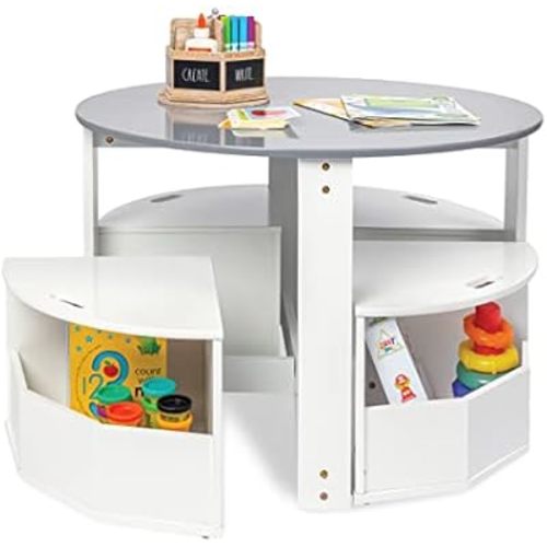 Milliard Toddler Table and Chair Set – Round Kids Activity Table With 4 Storage Stools, Nesting Design for Toddlers, Kids Play Table with Storage - Space-Saving Playroom Kids Furniture - (White)