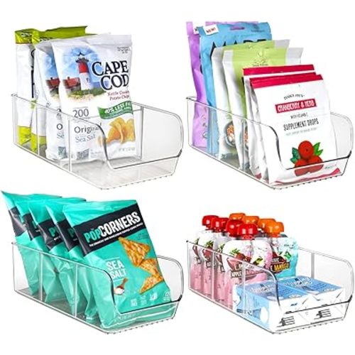 ELTOW 4-Pack Snack Organizer, 3-Compartment Plastic Bins with Removable Dividers, Chip & Food Storage for Pantry, Spices, Fridge, and Cabinet
