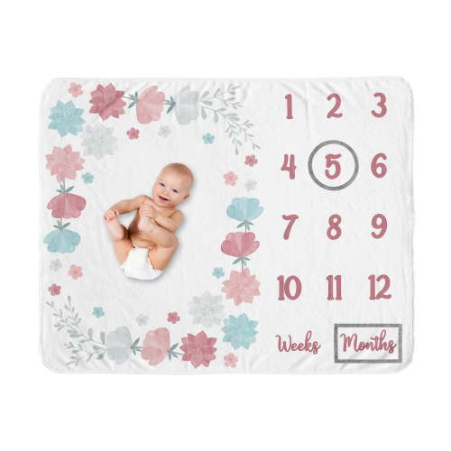 Sweet Jojo Designs Pop Floral Blush Pink, Teal, Turquoise, Aqua Blue and Grey Fleece Milestone Baby Blanket 3 Piece Set