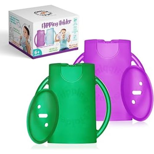 Flipping Holder Squeeze Proof Food Pouch Holder for Toddlers, Babies, Kids, Mess Free No Squeeze Juice Box Drink and Applesauce Snack Holder with Easy Grip Handles and Lid