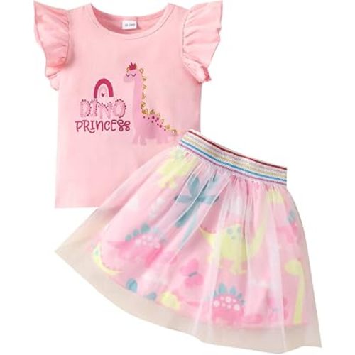 Girls Tulle Skirt Set Two Piece Ruffle Sleeve Unicorn T-Shirt Tutu Dress Summer Birthday Party Outfit 2-10 Years