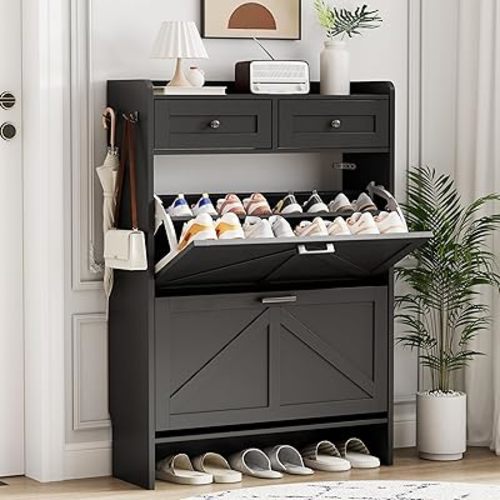 Shoe Cabinet with 2 Flip Drawers & 2 Top Drawers, 43" Tall Freestanding Narrow Wooden Shoe Storage Organizer for Entryway, Hidden Slim Shoe Rack for Front Door Entrance, Hallway, Living Room, Black