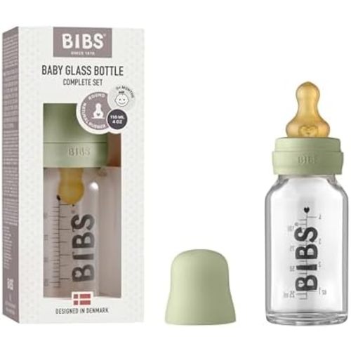 BIBS Baby Glass Bottle Complete Set 110 ml | BPA Free Natural Rubber | Made in Denmark | Sage