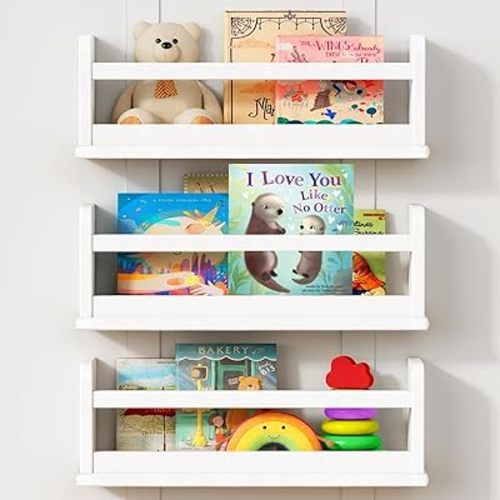 Upgraded White Nursery Book Shelves for Wall, Floating Kids Bookshelf Wall Mounted, Wood Baby Girls Boys Toddler Children Hanging Bookshelves for Kids Room Bedroom Playroom- Set of 3