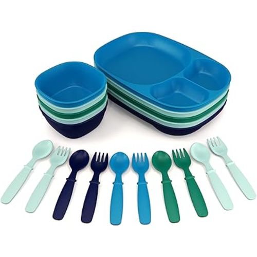 MightyMoe Toddler Dinnerware Set, 20pc Tray & Bowls - Made in USA, Microwave and Dishwasher Safe, BPA Free, Shatter Resistant, Ocean Color, Toddler Tableware
