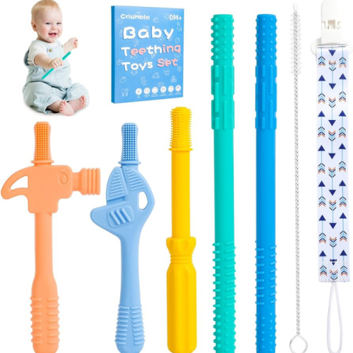 Teething Sticks for Babies Hollow Teether Tubes Teething Straws Teething Relief Toys for Toddlers 0-18 Months, 5 Packs Teething Toys Tube Hammer Wrench Shape Gift for Boys Girls, BPA Free