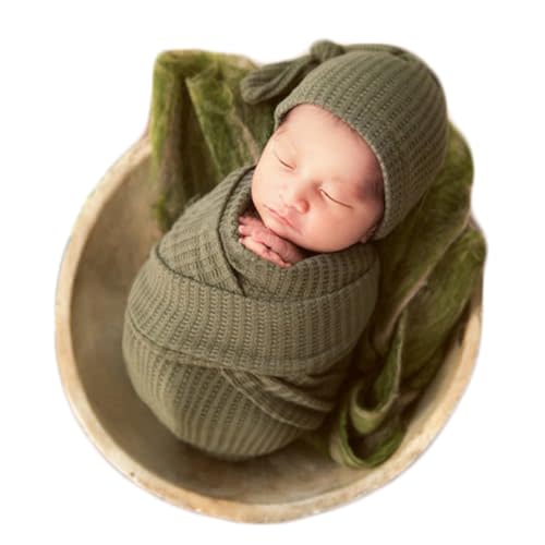 Zeroest Newborn Baby Photography Props Wrap Hat Newborn Wraps for Infant Boys Girls Photoshoot Photo Posing Stretch Blanket (General Green)