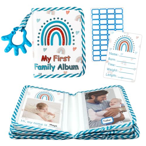 BOHEMIABY My First Family Photo Album for Baby, 4x6" Baby Photo Albums, Soft Toddler Photo Album with Milestone & Large Safety Mirror, Personalized Kids Baby Shower Gifts(Blue Hand)