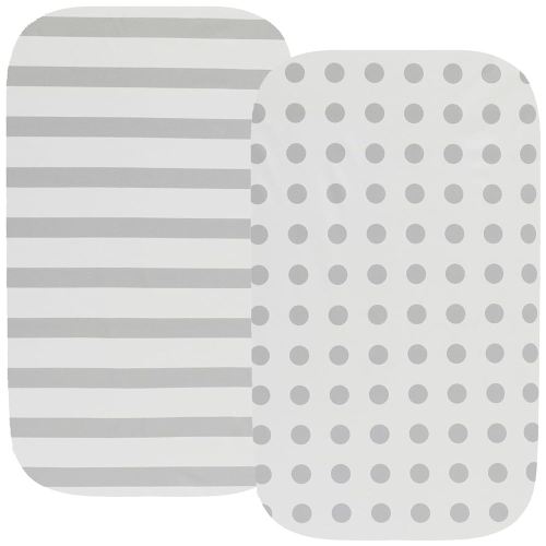 Waterproof Bassinet Sheets, No Need for Bassinet Mattress Pad Cover, 2 Pack Stretch Jersey Knit Super Soft fit for Cradle Oval Rectangle Hourglass Mattress Grey Stripes & Polka Dots