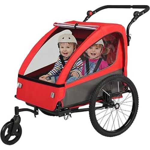 Sepnine 2-in-1 Kids Bike Trailer and Stroller with Suspension – Bike Trailer for 1 to 2 Children, Jogging Function, Foldable, 5-Point Harness, Spacious Storage, with Bug Screen and Weather Shield