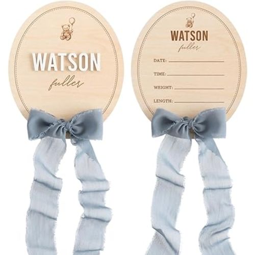 Personalized Wooden Baby Announcement Sign with Chiffon Bow - Custom Birth Stats Name Plate for Newborn Hospital Photo Prop - Nursery Wall Decor & Keepsake - 5, 6, 8, 10 Inch (06 - oval bear)