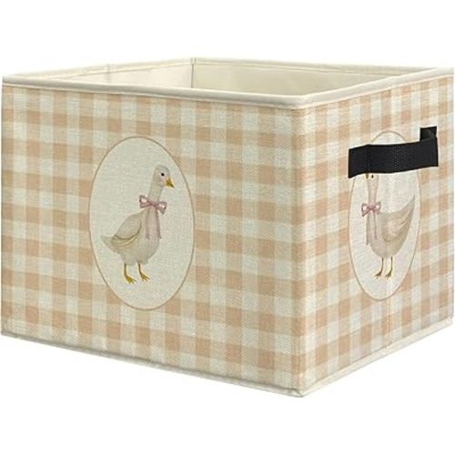 Pink Bow Goose Checkered Storage Bins Box with Handles, Beige and White Gingham Plaid Goose Collapsible Laundry Basket Hamper Clothes Toys Books Organizer for Girls Room Nursery Playroom