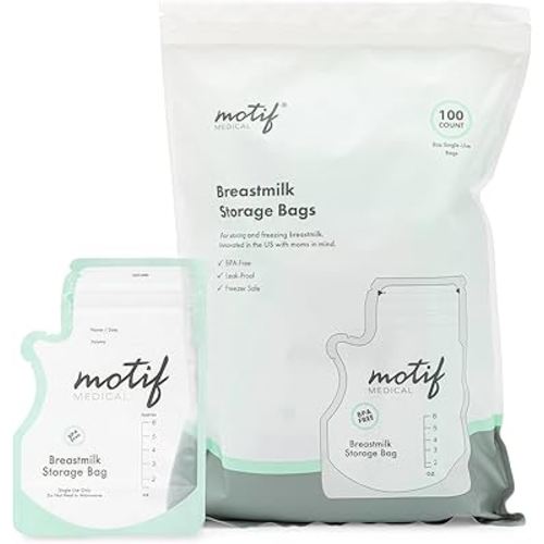 Motif Medical Breastmilk Storage Bags, 100 Count | 100-Pack Of 6oz Freezer Bags - Convenient Easy-Pour Spout - Leakproof Double Zipper - Write-On Label