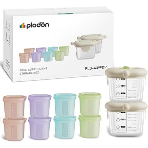 7oz Borosilicate Glass Baby Food Storage Jars with Silicone Lid Set (2 PCS), 1.7oz Airtight Silicone Cups (8 PCS) Baby Food Containers, Microwave Dishwasher Freezer Safe (Infant and Babies)