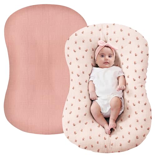 FUNUPUP Muslin Baby Lounger Cover Only, Pink & Pink Flower | 100% Muslin Cotton Soft Breathable Easy On/Off Envelope Closure Machine Washable Easy-Clean Protector Neutral Colors