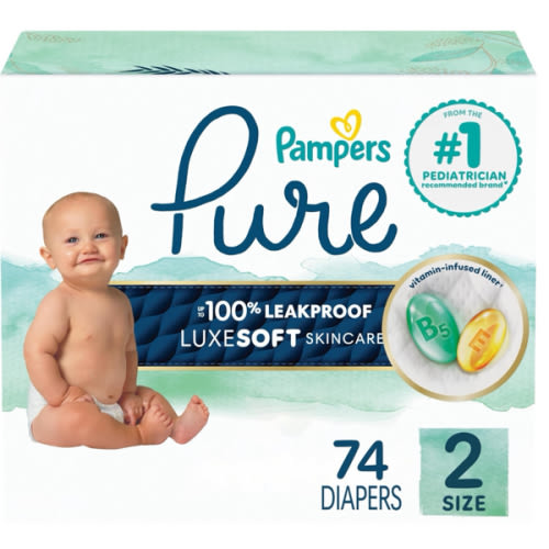 Pampers Baby Diapers - Pure Protection - Size 2, 74 Count, for up to 100% Leakproof, Premium Plant-based Skin Protection