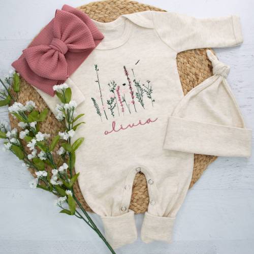 Personalized Wildflower Baby Romper with Headband: Embroidered Newborn Outfit