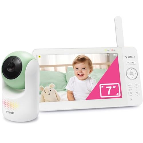 VTech Video Baby Monitor with 7" Color LCD Screen, Rechargeable Battery, Baby Monitor with Camera and Audio, Pan-Tilt-Zoom, No WiFi, Touch Multi-Color Night Light, 2-Way Talk, Advanced Max Green