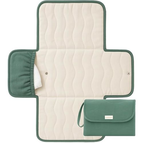 Toddlekind Mini Maven Portable Changing Pad – Organic Cotton & Water-Resistant Polyester – Travel-Friendly, Foldable Change Mat – Forest Green Stripes with Wave Stitching – Chic, Durable, Easy Clean