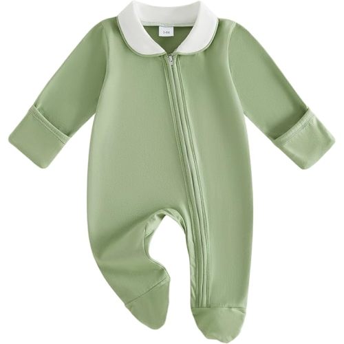 Newborn Baby Boy Girl Clothes Peter Pan Collar Zip Footed Footie Jumpsuit Romper Coming Home Hospital Fall Outfits