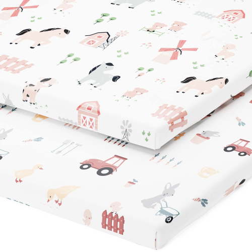 Joey and Joan Playard Fitted Sheet for 4moms Breeze, Farm Animals, 2 Count