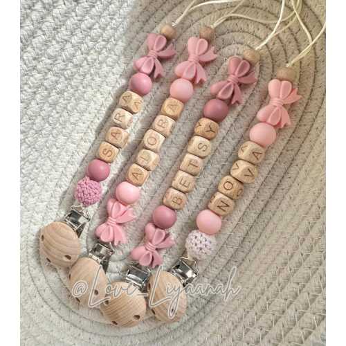 Personalised Dummy Clip Bow: Pink Crochet Bead, Pacifier Holder