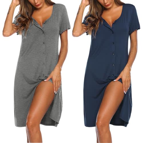 Ekouaer 2 Pack Nightgowns for Women Button Down Night Shirts Short Sleeve Sleep Shirts V Neck Sleepwear Pajama Dress