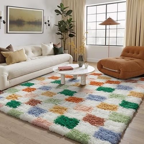 Checkered Rug 5x8 for Living Room, Modern Neutral Shag Rug Super Soft Washable Indoor Fuzzy Carpet Non-Slip Fluffy Rugs for Bedroom Home Aesthetic Decor