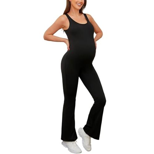 SWEETBUMP Maternity Jumpsuit Flare Leg Tank Scoop Neck Bodycon Full Length Maternity Bodysuit