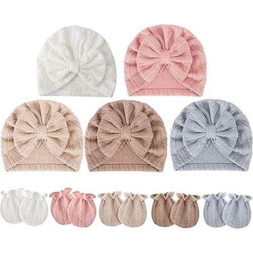 BQUBO Baby Turban Hats and Mittens Set Newborn Infant Hospital Hats Caps with Bows for Baby Boys Girls 0-12 Months