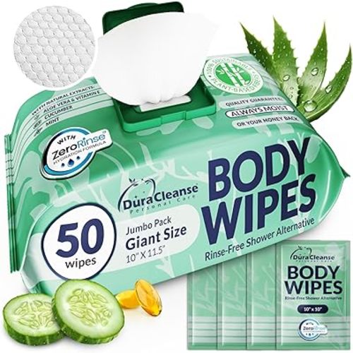 Body Wipes for Women, Extra Moist No Rinse Bathing Wipes-50 XL Shower Cloths + 4 Travel Size Bath Sheets -10x11.5" After Gym & Post Workout Deodorant, Disposable Washcloths, Womens Hygiene Essentials