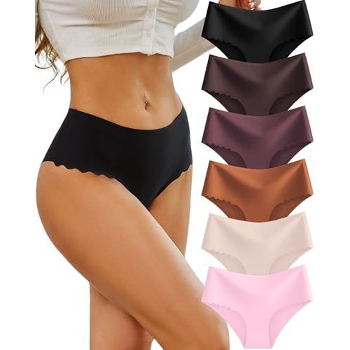 Sth Big High Waisted Seamless Underwear for Women No Show Panties Cheeky Scalloped Edge Bikini Breathable Briefs 6 Pack