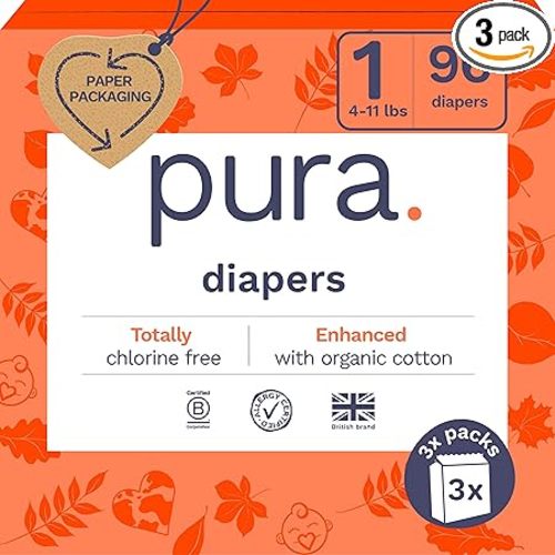 Pura Hypoallergenic Diapers, Size 1 (4-11lbs), Newborn, Totally Chlorine Free, Wetness Indicator, Suitable for Sensitive Skin, Soft Organic Cotton Comfort, Overnight, 3 Packs of 32 (96 Baby Diapers)
