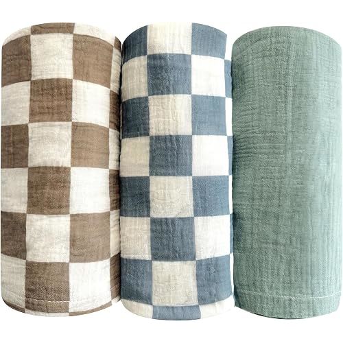 3 Pack Ultra Soft Checkered Muslin Swaddle Blankets 38"x40" Cotton Newborn Muslin Receiving Blankets for Baby Boys Infant Essentials Blanket for Stroller Crib Tummy Time Coffee Blue