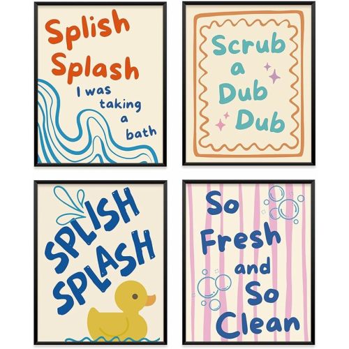VONTP Funny Kids Bathroom Wall Art Decor, Funny Retro Preppy Duck Prints Poster Wall Decorations for Kids Nursery Toddler Bathroom Restroom Washroom Toilet, 8x10 Inch Set of 4 (Unframed)