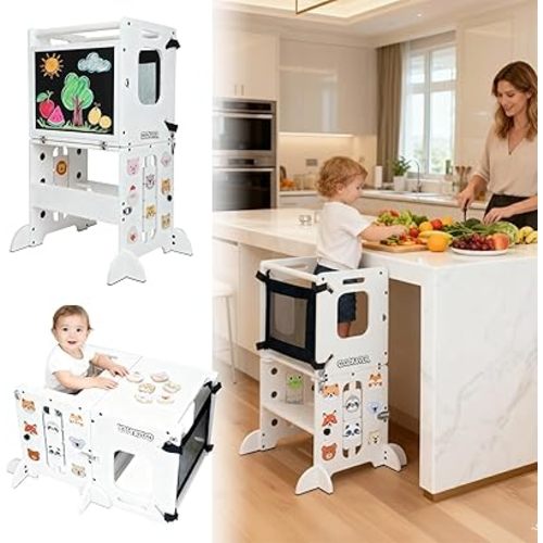 Toddler Tower Foldable, Animal Magnets Learning Kids Kitchen Step Stool, 4-in-1 Toddler Standing Tower with Blackboard, Anti-Tip Safety Feet, Foldable Wooden Helper for Ages 1–4 (CPC Certified)